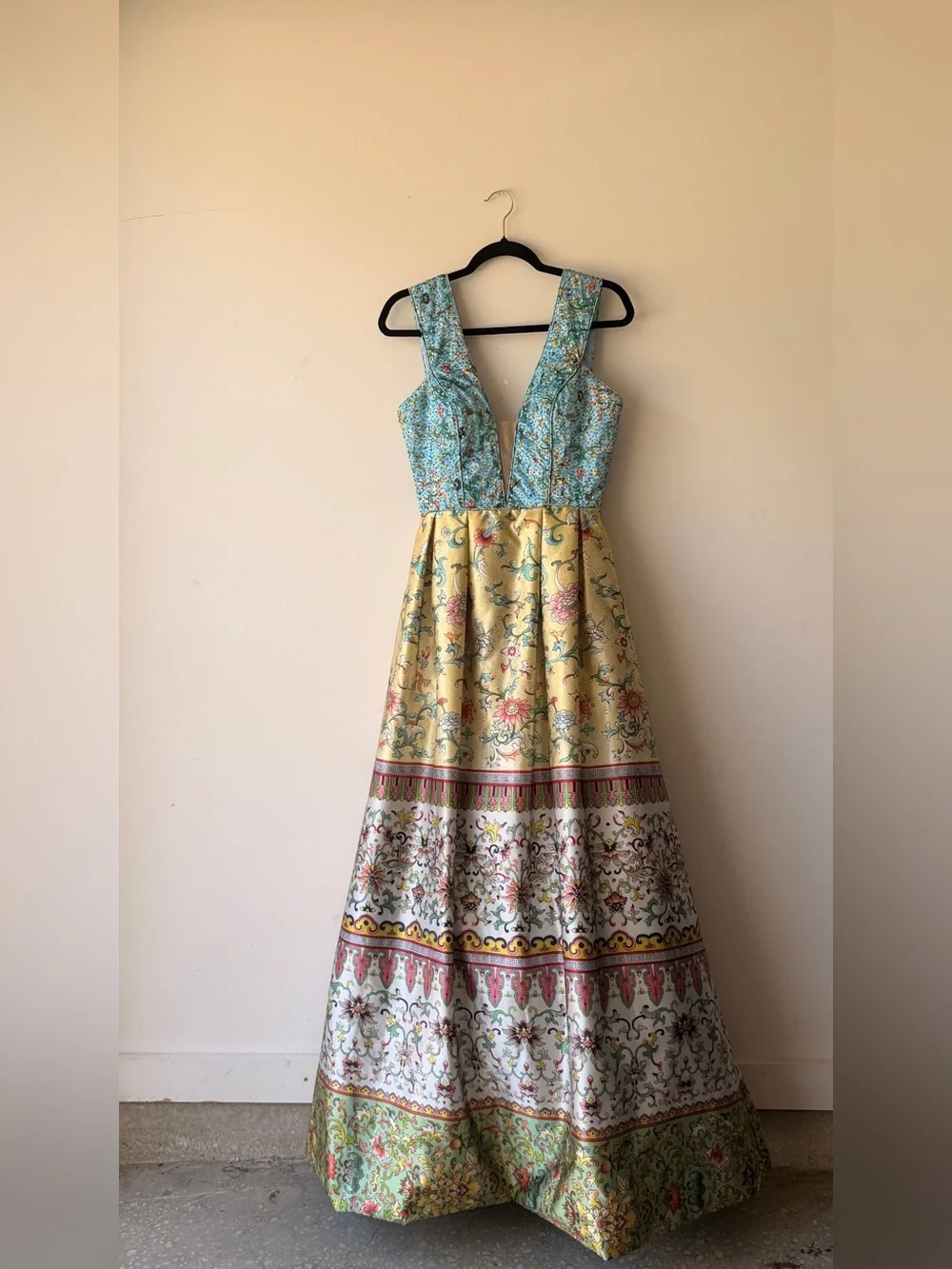 Sherri Hill Blue and Yellow Floral V-Neck Prom Gown - Picture 5 of 8